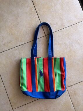 Ralph Lauren Red and Green Striped Canvas Tote